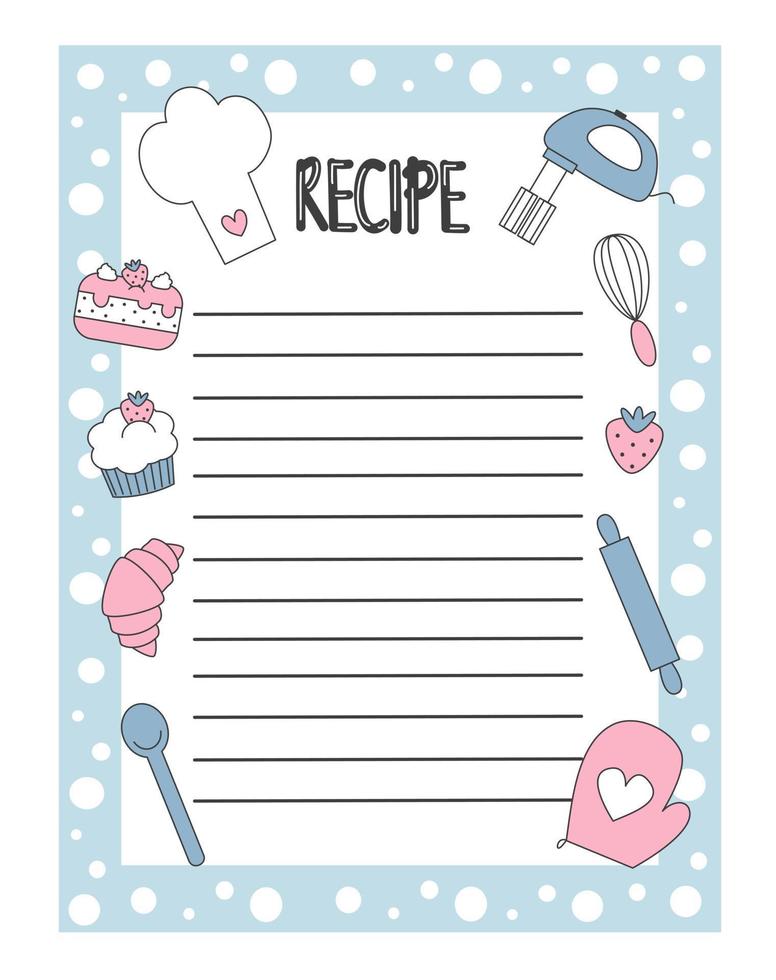 süß Hand gezeichnet Rezept aufführen Vektor Design Illustration mit Karikatur Cupcake, Erdbeere, Koch Hut, Kuchen und etwas Küche Werkzeuge