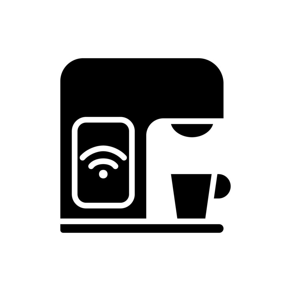 Clever Kaffee Maschine schwarz Glyphe Symbol. Internet von Dinge. Clever Zuhause Gerät. Küche Gerät. Energie Sparer. Silhouette Symbol auf Weiß Raum. solide Piktogramm. Vektor isoliert Illustration