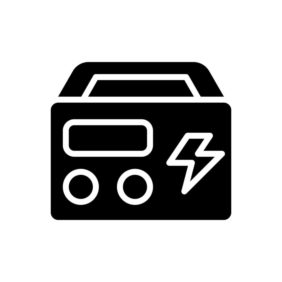 tragbar Leistung Bahnhof schwarz Glyphe Symbol. wiederaufladbar Gerät. Batterie angetrieben Generator. Gerät zum Zuhause und Camping. Silhouette Symbol auf Weiß Raum. solide Piktogramm. Vektor isoliert Illustration