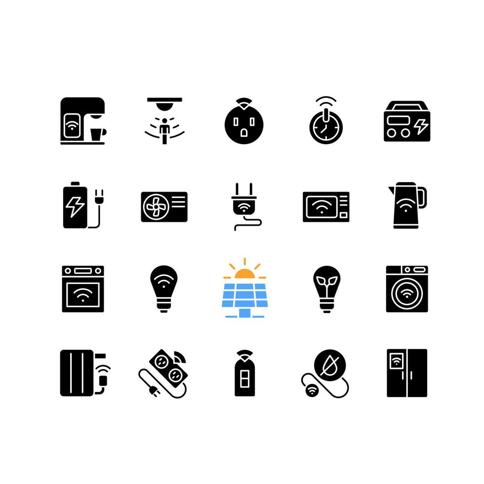 Energie Sparer schwarz Glyphe Symbole einstellen auf Weiß Raum. Clever Zuhause Haushaltsgeräte. Internet von Dinge. automatisiert Geräte. Silhouette Symbole. solide Piktogramm Pack. Vektor isoliert Illustration