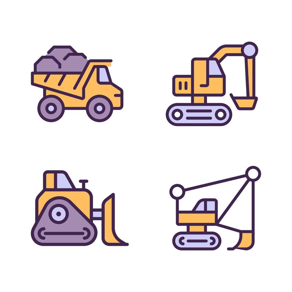 Bergbau Fahrzeuge Pixel perfekt rgb Farbe Symbole Satz. schwer Ausrüstung. Kohle Bergbau Industrie. Bagger, Bulldozer. isoliert Vektor Illustrationen. einfach gefüllt Linie Zeichnungen Sammlung. editierbar Schlaganfall