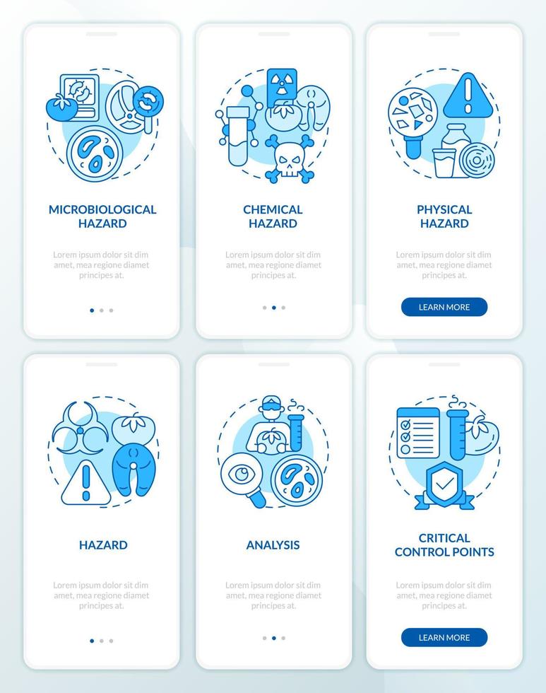 Essen Sicherheit Gefahren und haccp Blau Onboarding Handy, Mobiltelefon App Bildschirme Satz. Komplettlösung 3 Schritte editierbar Grafik Anleitung mit linear Konzepte. ui, ux, gui Vorlage vektor