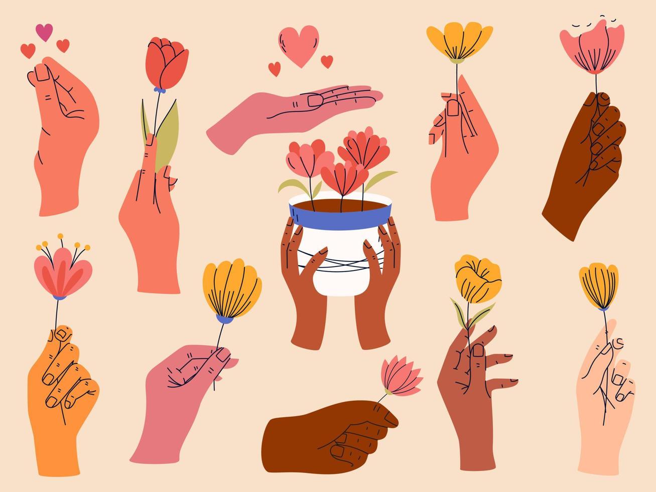 einstellen von weiblich Hände halten Trauben von Blühen Blumen. gut zum Gruß Karten oder Einladung Design, Poster. vektor