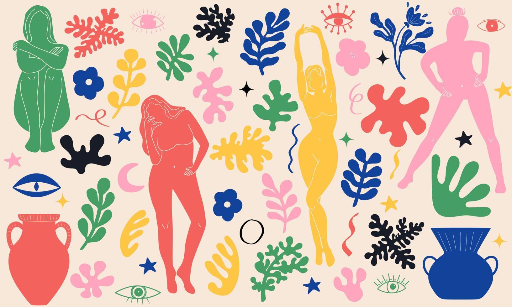 häftig klotter och abstrakt konst uppsättning. matisse slumpmässig organisk former och kvinna silhuetter i trendig retro 60s 70s stil. vektor