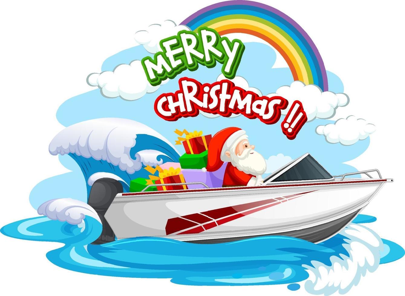 Frohe Weihnachten Schrift mit Weihnachtsmann im Schnellboot mit vielen Geschenken vektor