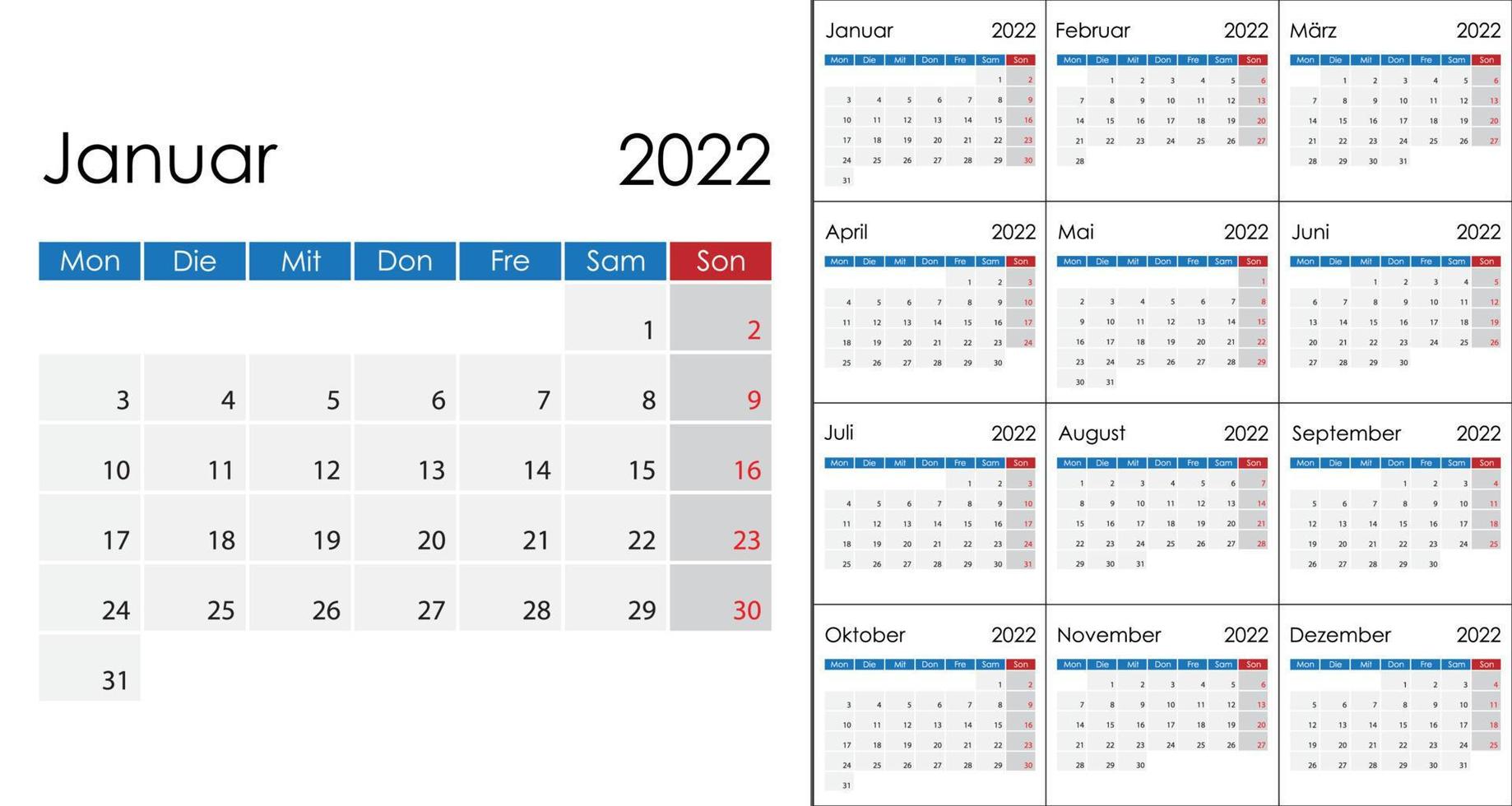 enkel kalender 2022 på tysk språk, vecka Start på måndag. vektor