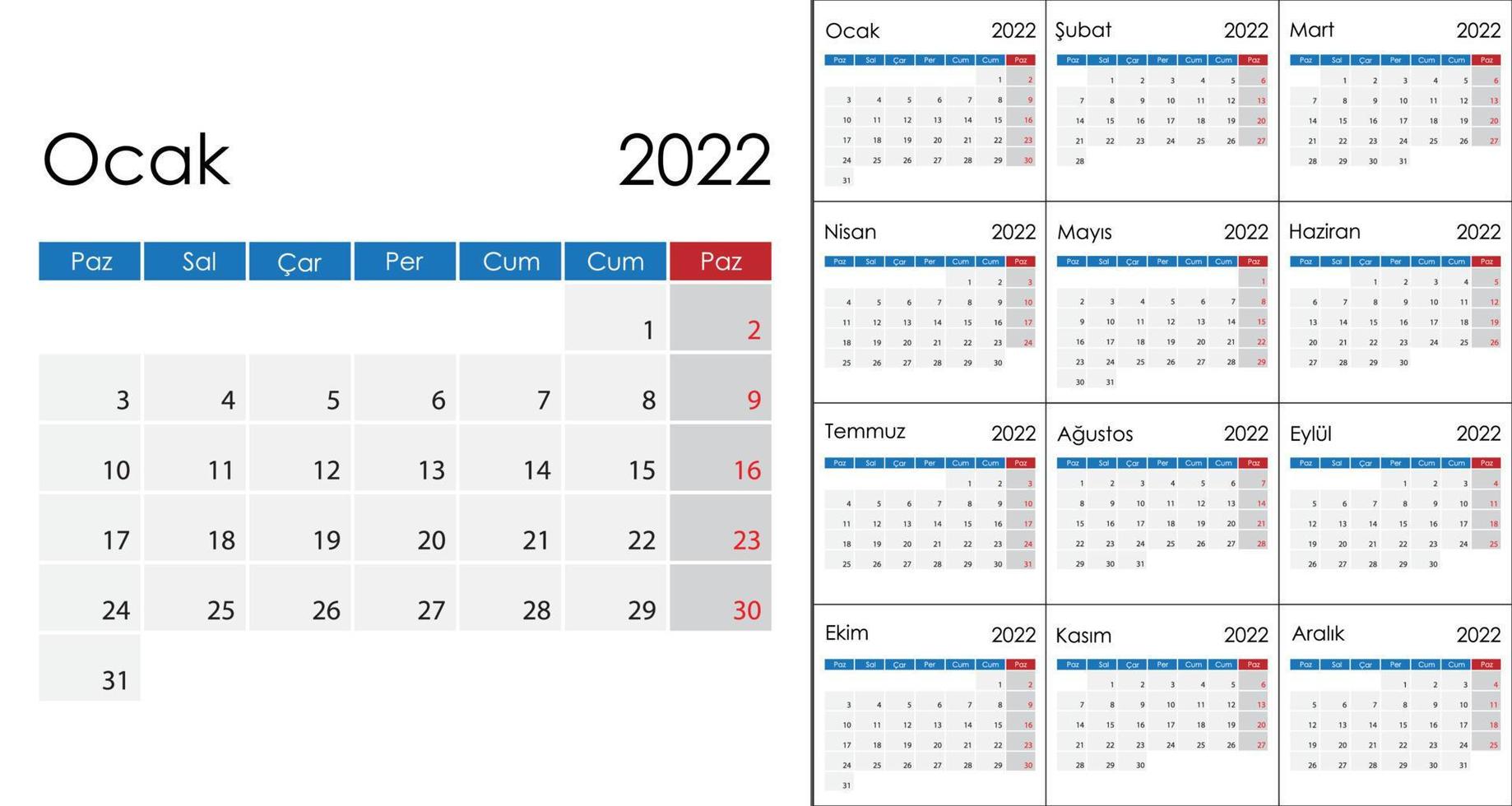enkel kalender 2022 på turkiska språk, vecka Start på måndag. vektor