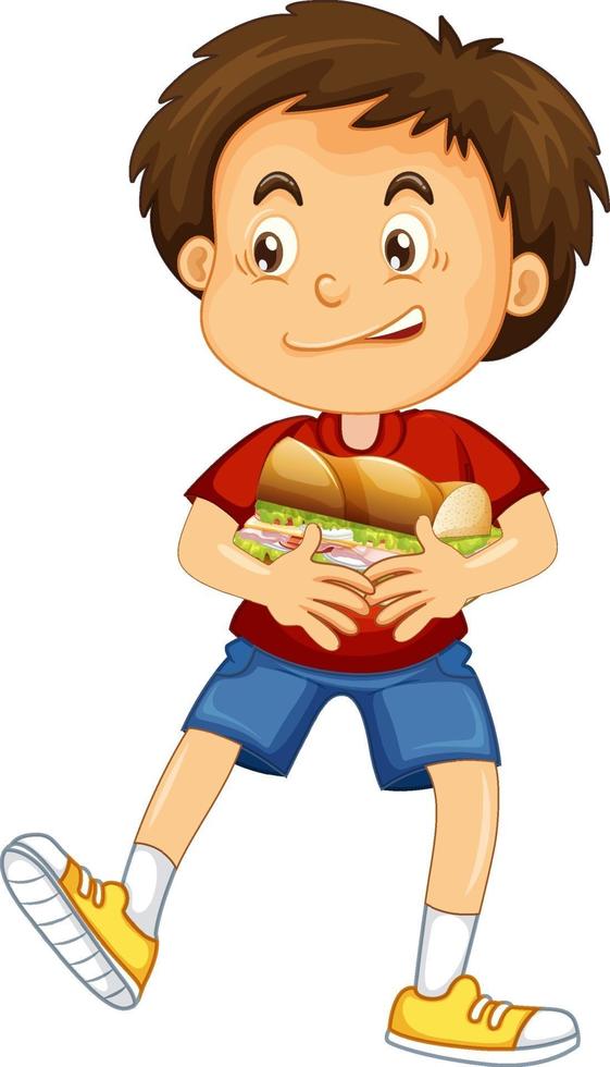 ein Junge, der Nahrungsmittelkarikaturfigur lokalisiert auf weißem Hintergrund hält vektor