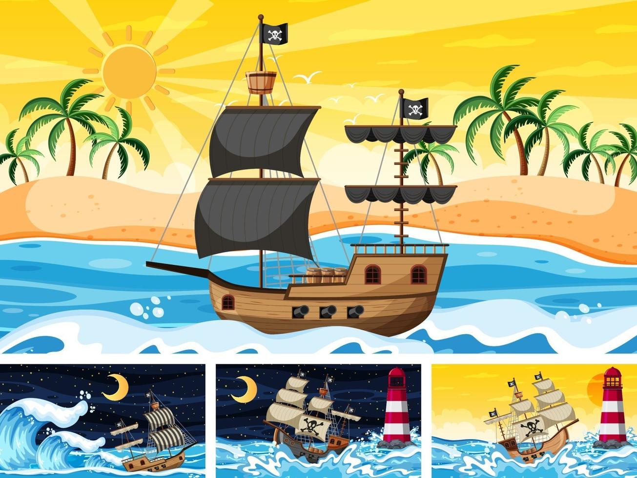 uppsättning hav med piratskepp vid olika tidpunkter scener i tecknad stil vektor