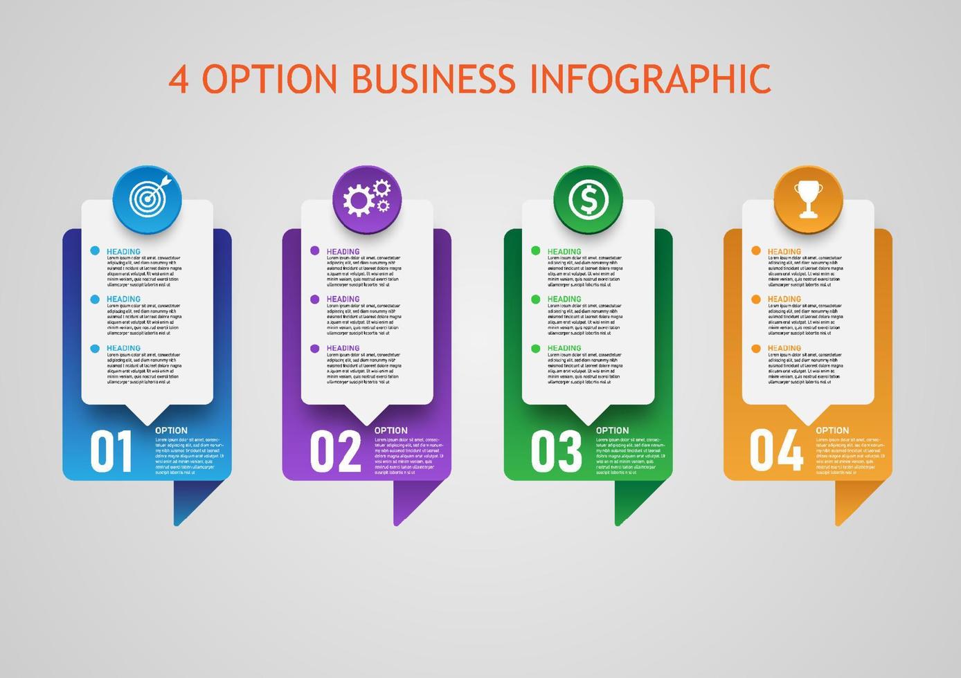 4 Infografik Optionen multi farbig Vertikale Quadrate Kreis und Symbol zentriert mit grau Gradient Hintergrund Design zum Geschäft Planung, Finanzierung, Investition, Erfolg vektor