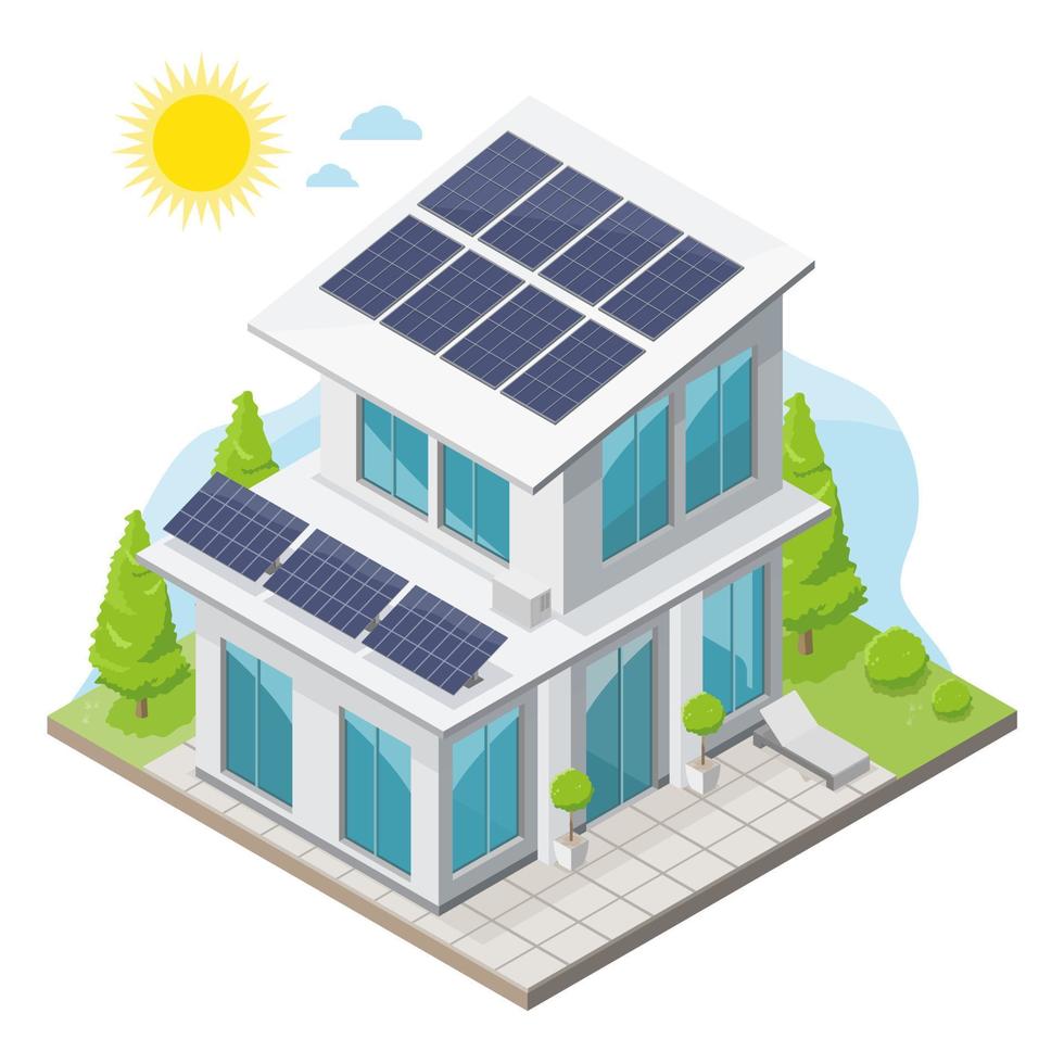 sol- tak topp begrepp sol- cell på tak av modern enkel hus i grön natur ekologi livsstil ut dörr isolerat illustration tecknad serie vektor