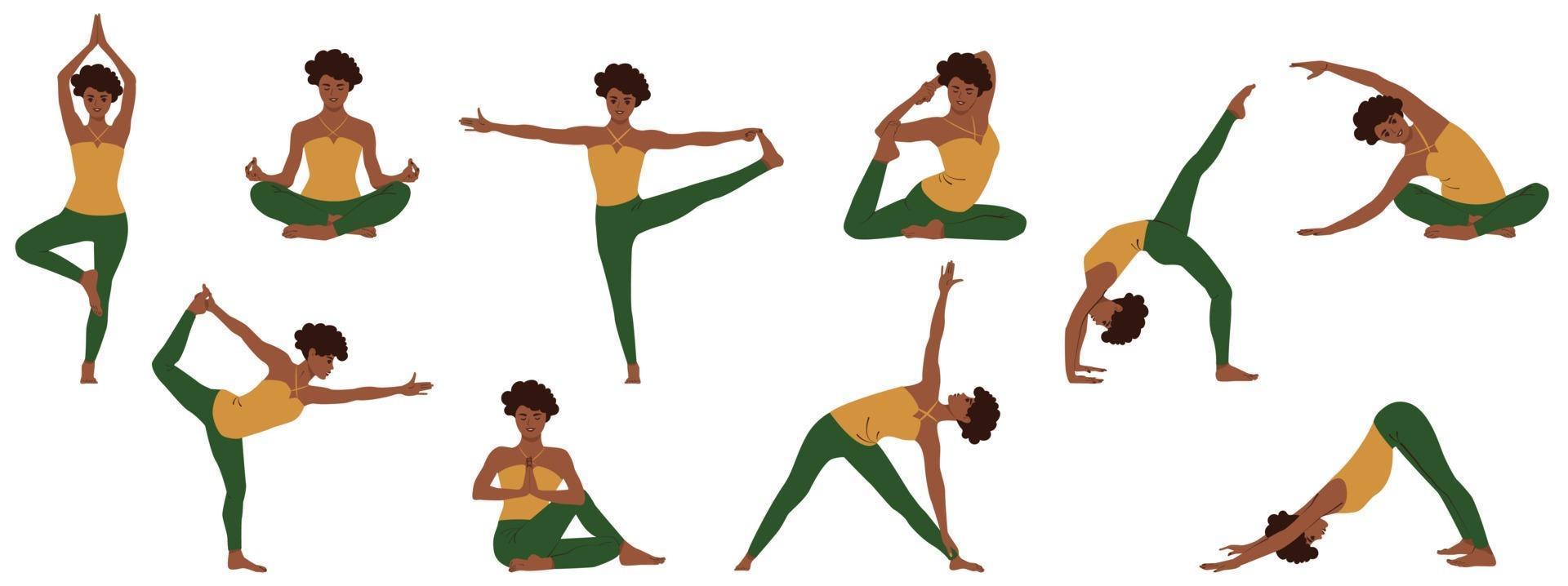 Yoga-Posen eingestellt. Sammlung von jungen Afroamerikanerinnen, die verschiedene Asanas-Positionen von Schlaflosigkeit und zum Entspannen demonstrieren. isolierte flache Vektorillustration vektor