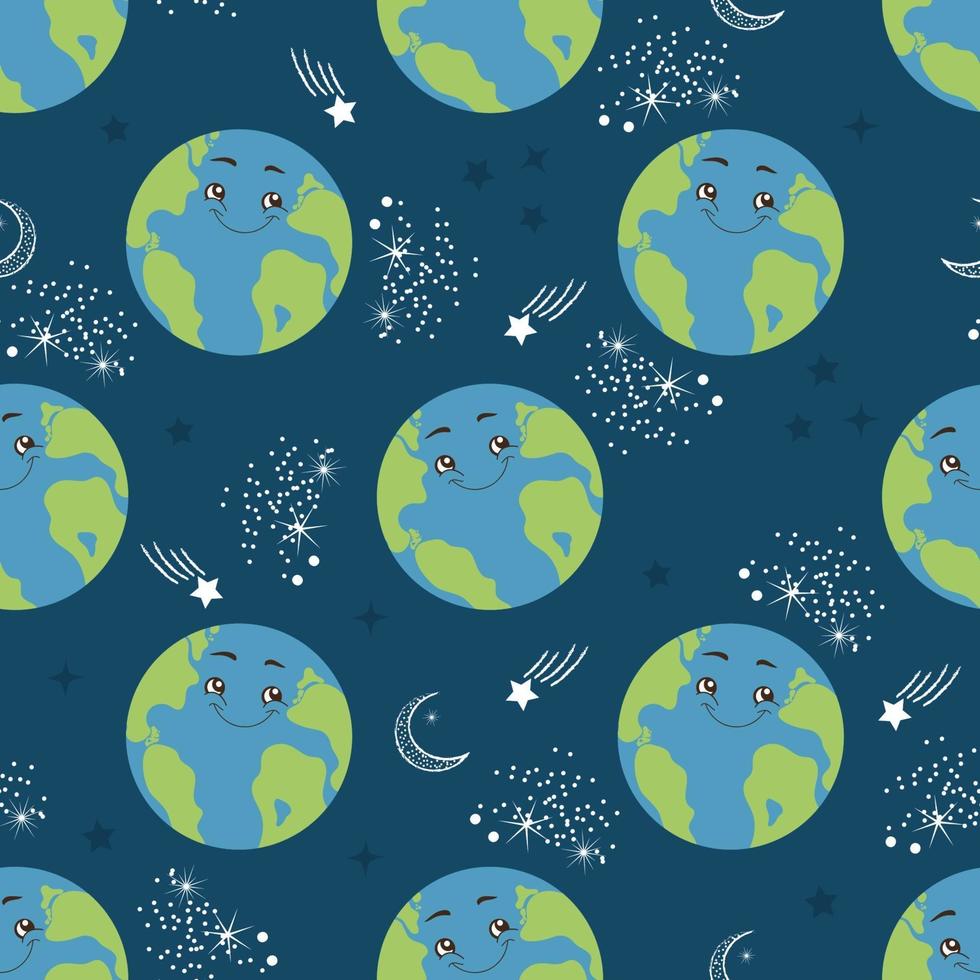 sömlösa mönster tecknade jorden planet. glad jordglob karaktär i rymden. vektorillustration för textiltryck, omslagspapper och tapeter vektor