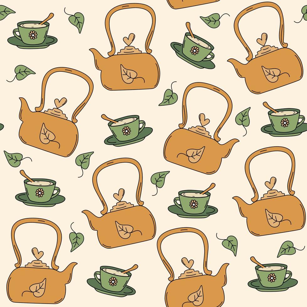 süß Hand gezeichnet nahtlos Vektor Muster Hintergrund Illustration mit Teekanne, Blätter und Tasse von Tee