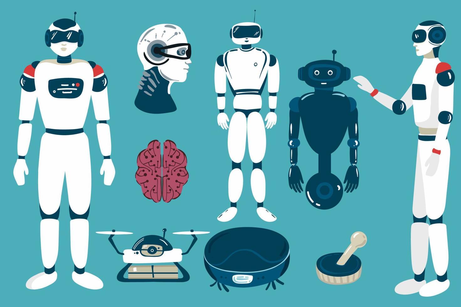 uppsättning av utomjording robotar, framtida teknologi tecknad serie tecken. robot liv former, trogen maskiner eller cyborgs arbetare med artificiell intelligens, vektor, vektor