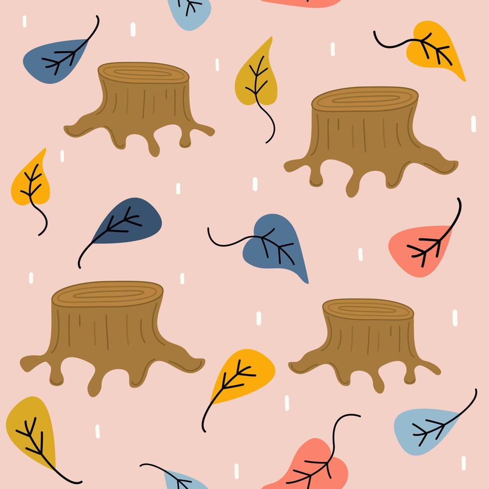 söt härlig tecknad serie sömlös vektor mönster bakgrund illustration med träd stubbe och löv