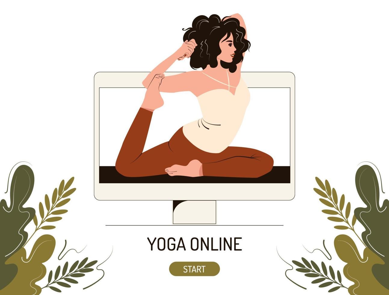 Online-Yoga-Kurs-Konzept. Eine junge Frau am Computermonitor leitet eine Meisterklasse über Stretching und Asana. flache Vektorillustration vektor