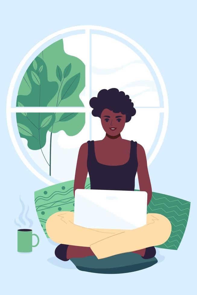 en ung afroamerikansk kvinna arbetar hemma med en bärbar dator. vår eller sommar utanför fönstret. platt vektorillustration vektor