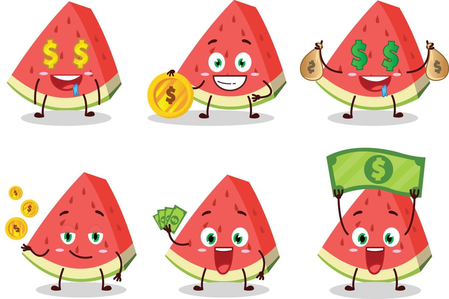 Schrägstrich von Wassermelone Karikatur Charakter mit süß Emoticon bringen Geld vektor