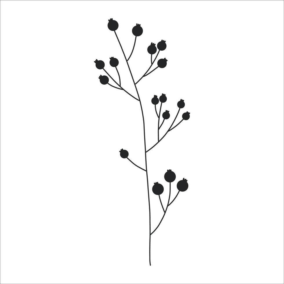 svart silhuett av en växt gren. blomma gren i översikt stil hand dragen på isolerat vit bakgrund. vektor stock illustration. tropisk löv. minimal linje konst för skriva ut, omslag eller tatuering.