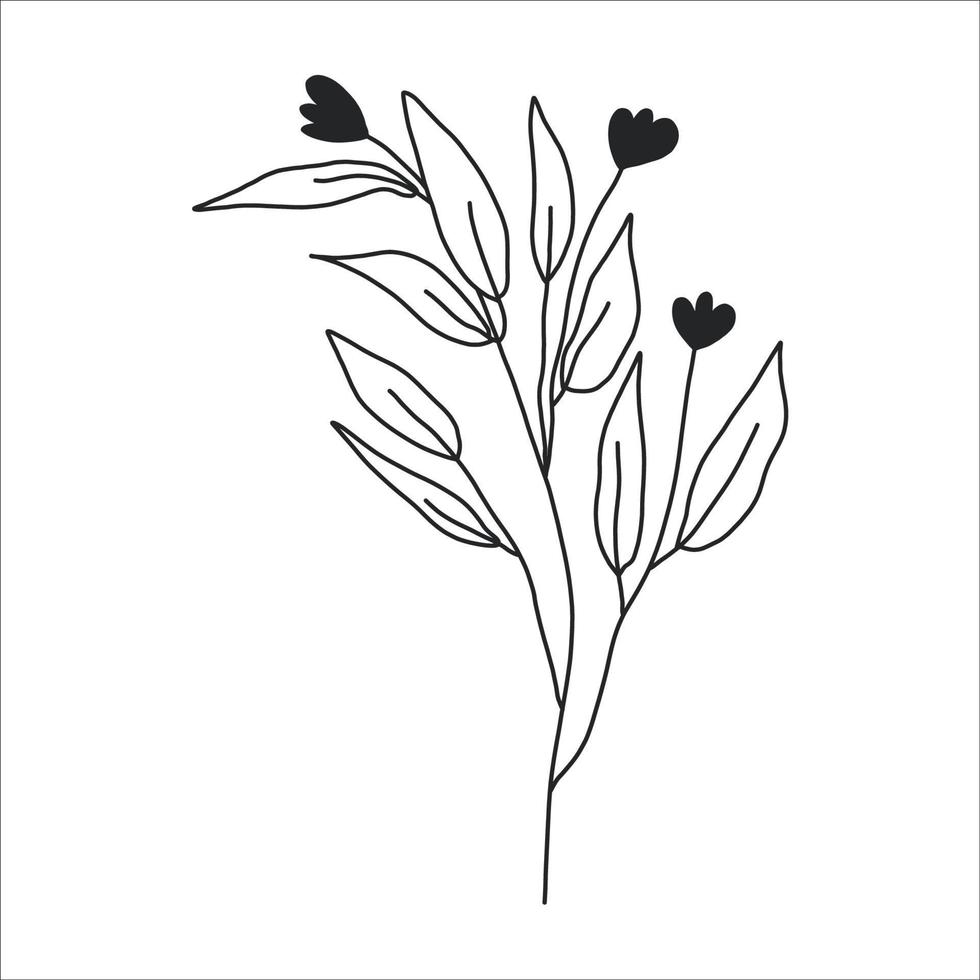 schwarz Silhouette von ein Pflanze Ast. Blume Ast im Gliederung Stil Hand gezeichnet auf isoliert Weiß Hintergrund. Vektor Lager Illustration. tropisch Blätter. minimal Linie Kunst zum drucken, Startseite oder Tätowierung.