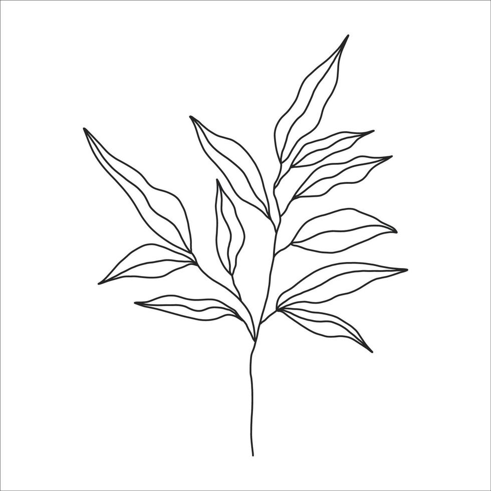 schwarz Silhouette von ein Pflanze Ast. Blume Ast im Gliederung Stil Hand gezeichnet auf isoliert Weiß Hintergrund. Vektor Lager Illustration. tropisch Blätter. minimal Linie Kunst zum drucken, Startseite oder Tätowierung.