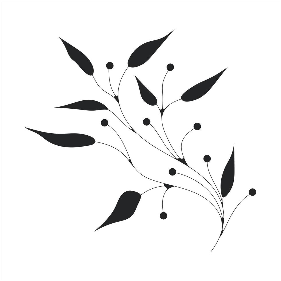 svart silhuett av en växt gren. blomma gren i översikt stil hand dragen på isolerat vit bakgrund. vektor stock illustration. tropisk löv. minimal linje konst för skriva ut, omslag eller tatuering.