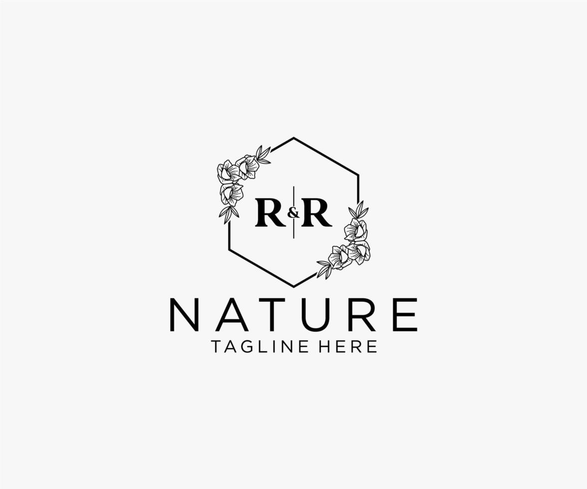första rr brev botanisk feminin logotyp mall blommig, redigerbar förhandsgjord monoline logotyp lämplig, lyx feminin bröllop varumärke, företags. vektor
