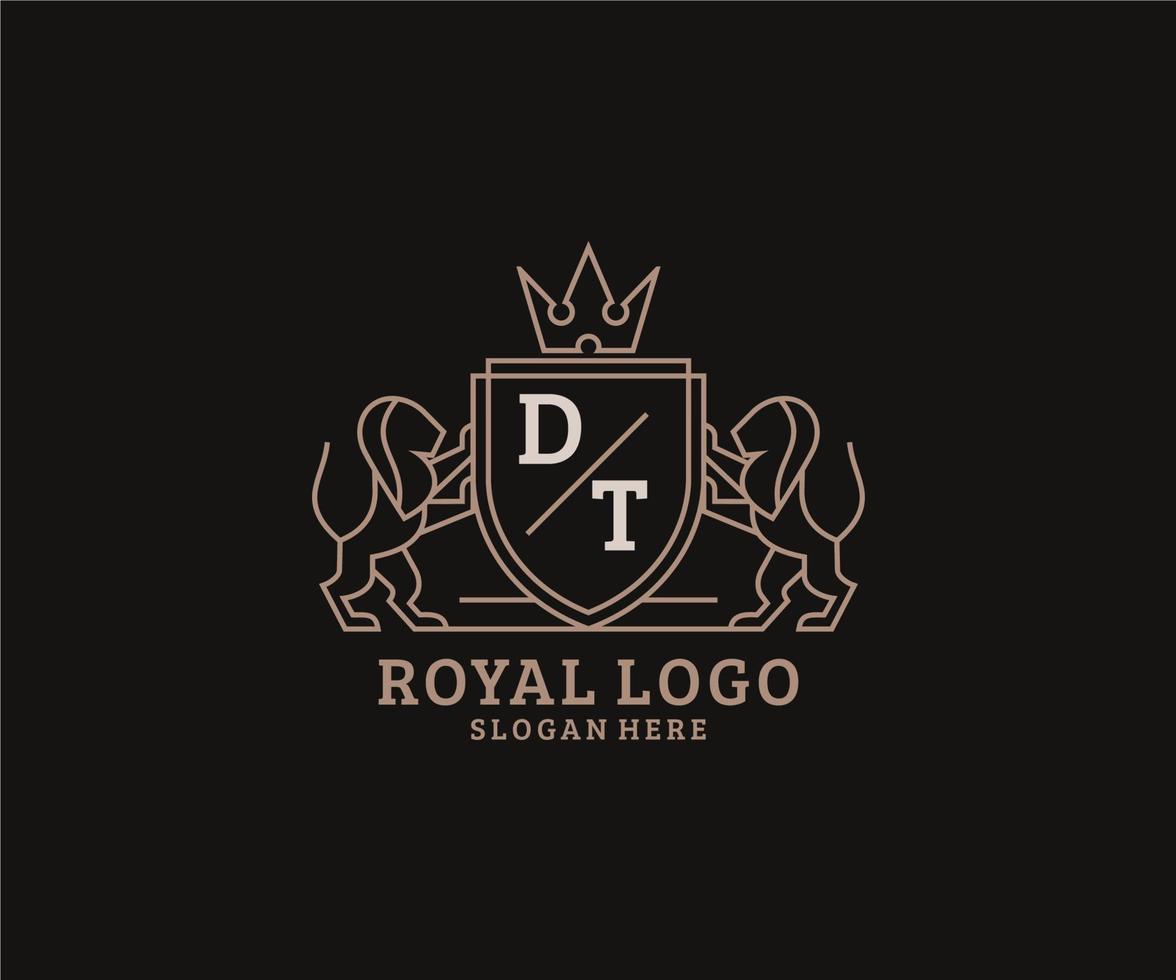 första dt brev lejon kunglig lyx logotyp mall i vektor konst för restaurang, kungligheter, boutique, Kafé, hotell, heraldisk, Smycken, mode och Övrig vektor illustration.