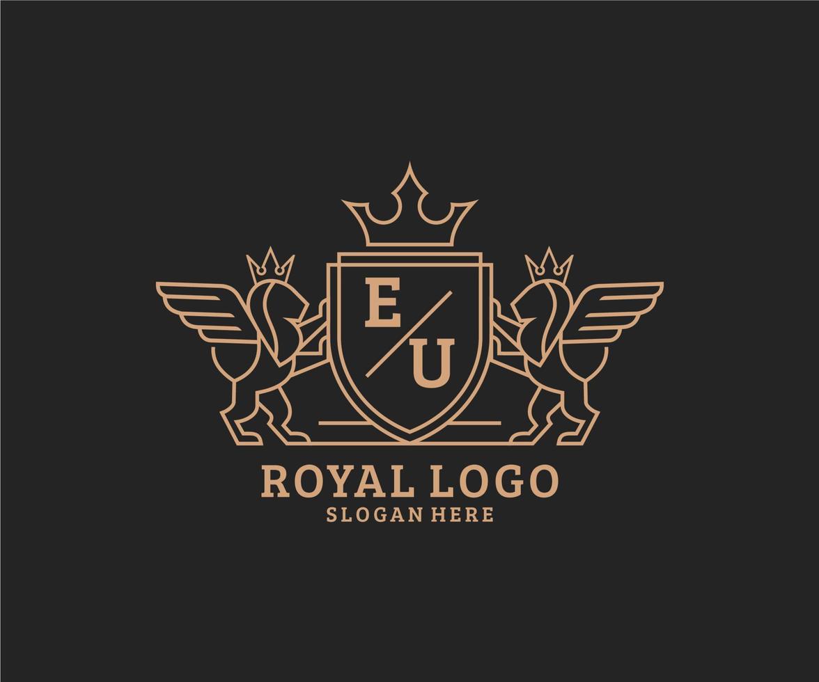 första eu brev lejon kunglig lyx heraldisk, vapen logotyp mall i vektor konst för restaurang, kungligheter, boutique, Kafé, hotell, heraldisk, Smycken, mode och Övrig vektor illustration.