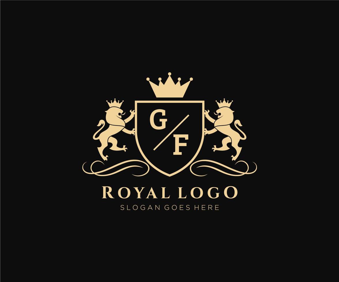 första gf brev lejon kunglig lyx heraldisk, vapen logotyp mall i vektor konst för restaurang, kungligheter, boutique, Kafé, hotell, heraldisk, Smycken, mode och Övrig vektor illustration.