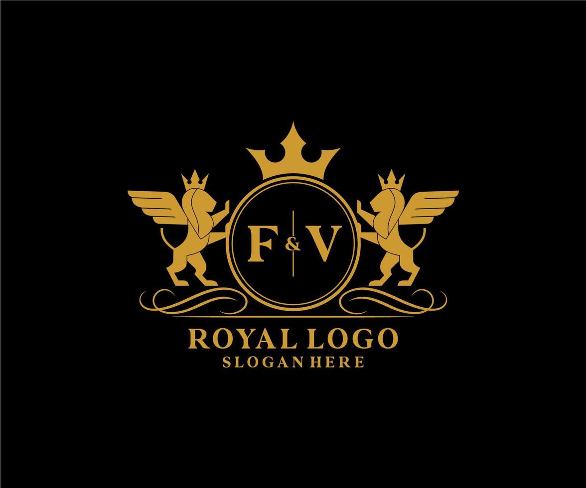 första fv brev lejon kunglig lyx heraldisk, vapen logotyp mall i vektor konst för restaurang, kungligheter, boutique, Kafé, hotell, heraldisk, Smycken, mode och Övrig vektor illustration.