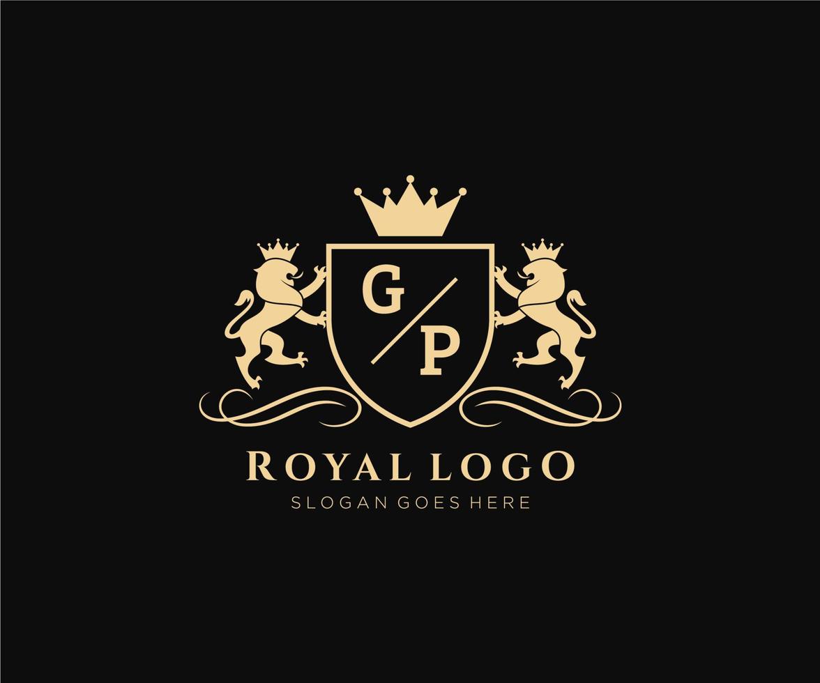 första gp brev lejon kunglig lyx heraldisk, vapen logotyp mall i vektor konst för restaurang, kungligheter, boutique, Kafé, hotell, heraldisk, Smycken, mode och Övrig vektor illustration.