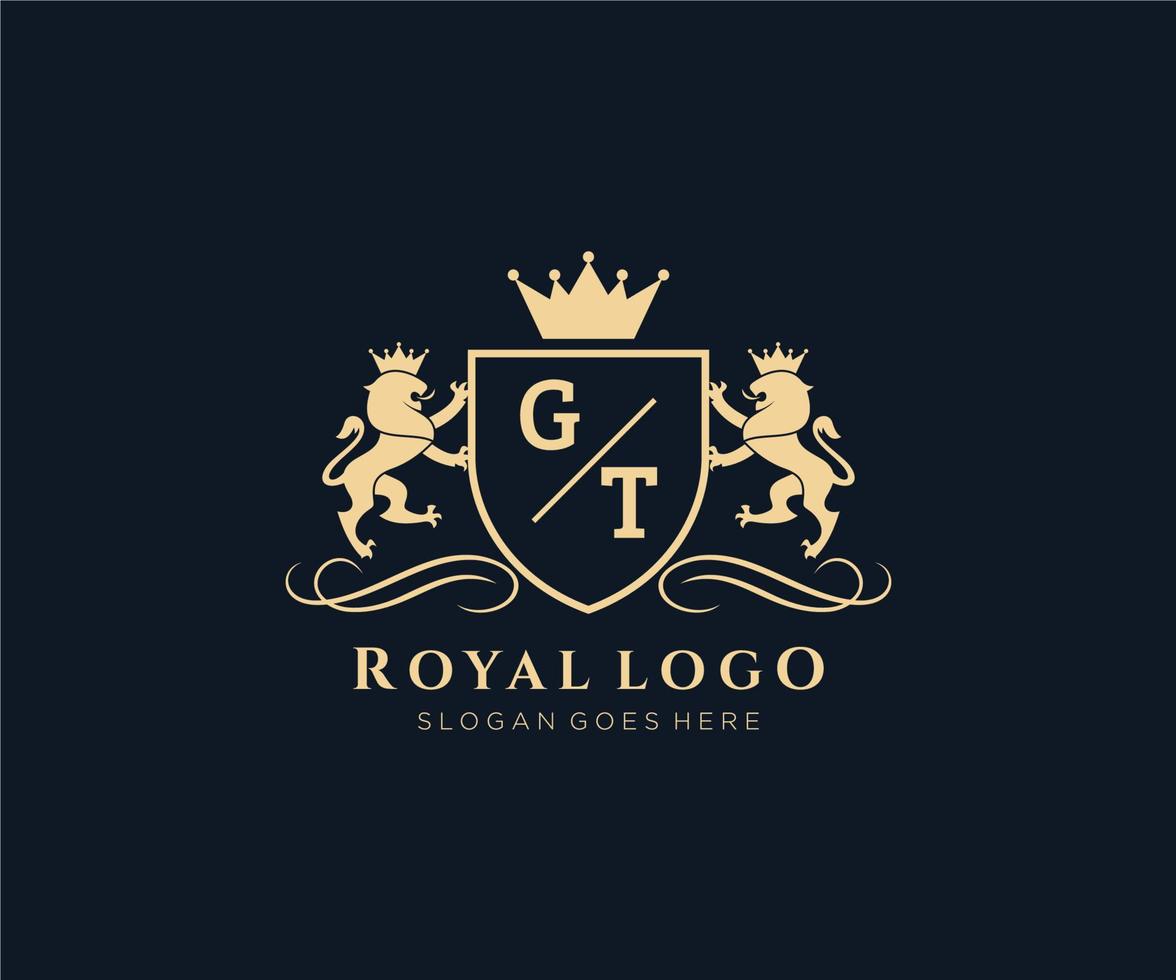 första gt brev lejon kunglig lyx heraldisk, vapen logotyp mall i vektor konst för restaurang, kungligheter, boutique, Kafé, hotell, heraldisk, Smycken, mode och Övrig vektor illustration.