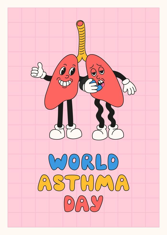 Welt Asthma Tag Banner Vorlage. Vektor Illustration von Lunge wie süß retro Karikatur Zeichen mit Inhalator. Bronchial Asthma Bewusstsein unterzeichnen.