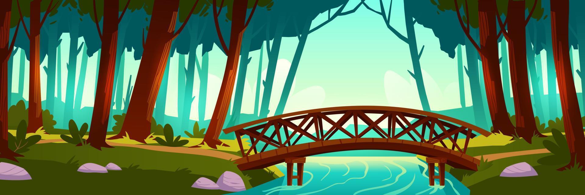 hölzern Brücke Kreuzung Fluss im Wald vektor