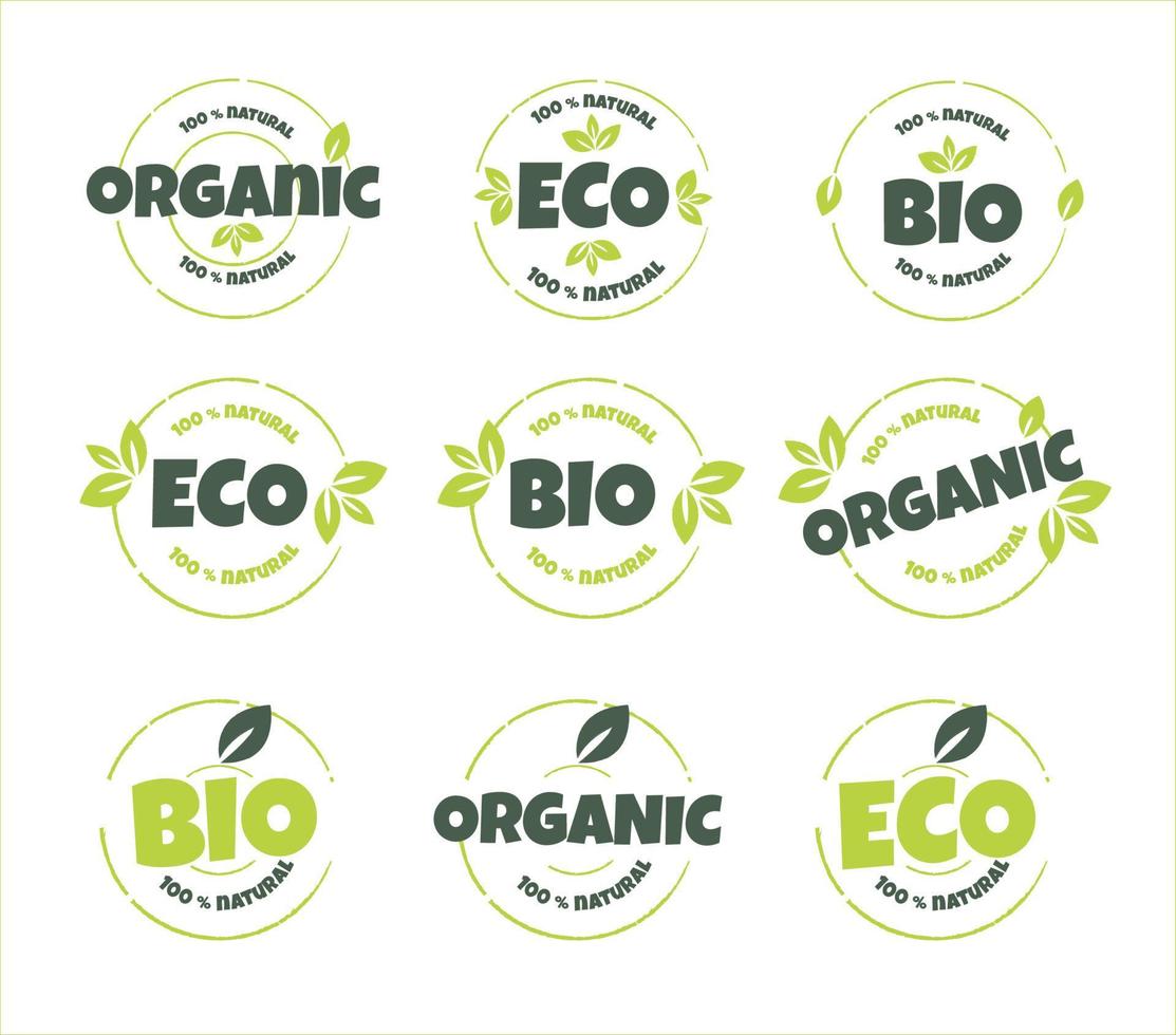 eko, bio, organisk och naturlig Produkter klistermärke, märka, bricka och logotyp. ekologi ikon. logotyp mall med grön löv för organisk och eco vänlig Produkter. vektor illustration