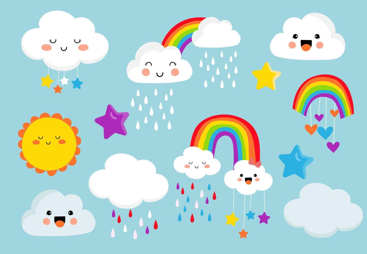 lebendig Regenbogen einstellen mit Wolke, Sonne, Stern, Herz Illustration zum Aufkleber, Postkarte, Geburtstag einladung.bearbeitbar Element vektor