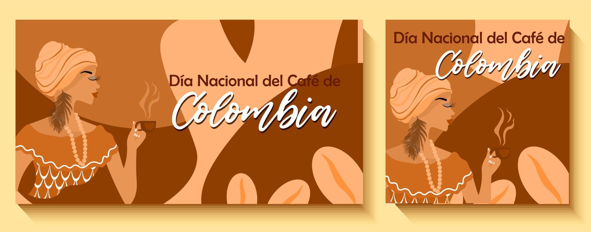 nationell kaffe dag i colombia baner. afro-colombianska kvinna innehav en kopp av kaffe i henne hand. nationell colombianska kläder. inskrift i spanska nationell kaffe dag i colombia vektor