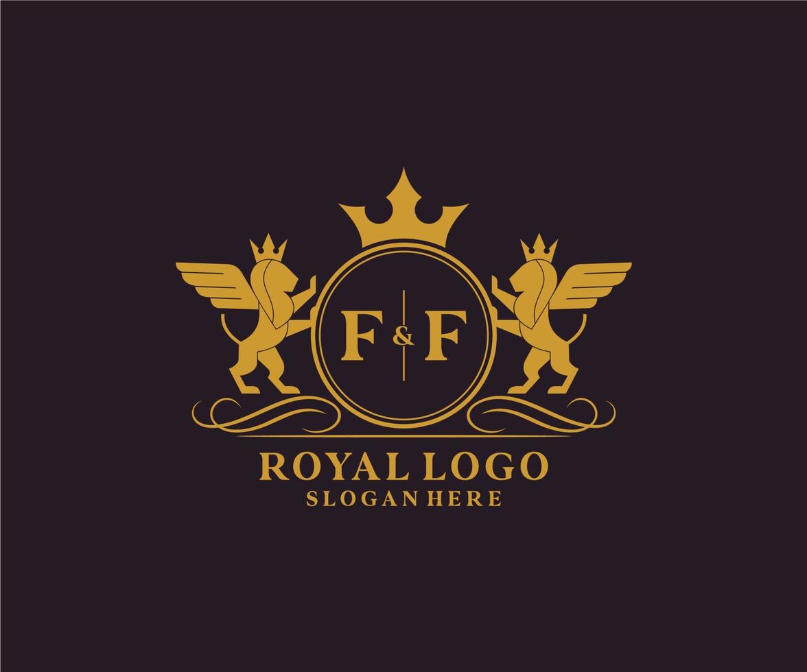 första ff brev lejon kunglig lyx heraldisk, vapen logotyp mall i vektor konst för restaurang, kungligheter, boutique, Kafé, hotell, heraldisk, Smycken, mode och Övrig vektor illustration.