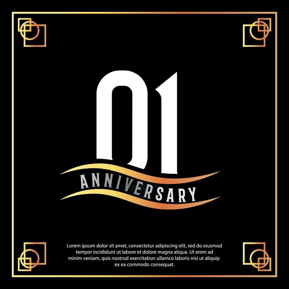 01 Jahr Jahrestag Logo Design Weiß golden abstrakt auf schwarz Hintergrund mit golden Rahmen Vorlage Illustration vektor