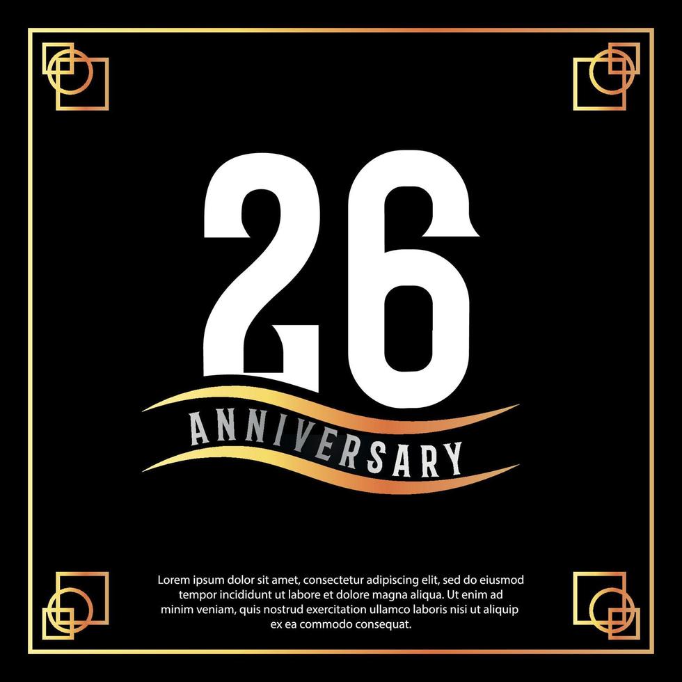 26 Jahr Jahrestag Logo Design Weiß golden abstrakt auf schwarz Hintergrund mit golden Rahmen Vorlage Illustration vektor