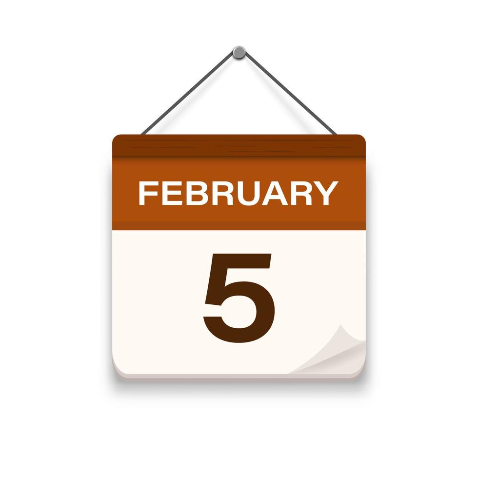 Februar 5, Kalender Symbol mit Schatten. Tag, Monat. Treffen geplanter Termin Zeit. Veranstaltung Zeitplan Datum. eben Vektor Illustration.