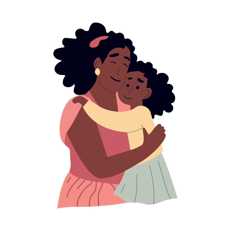 Lycklig afrikansk amerikan mor och liten flicka. mor och dotter kramar. mors dag begrepp. vektor illustration