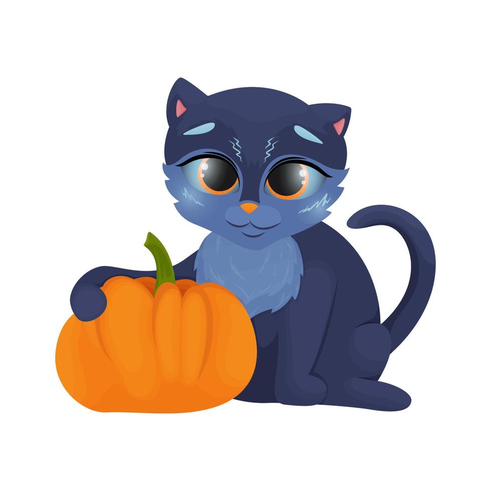 rolig svart katt, illustration. katt kramas en stor pumpa, halloween ClipArt, vektor