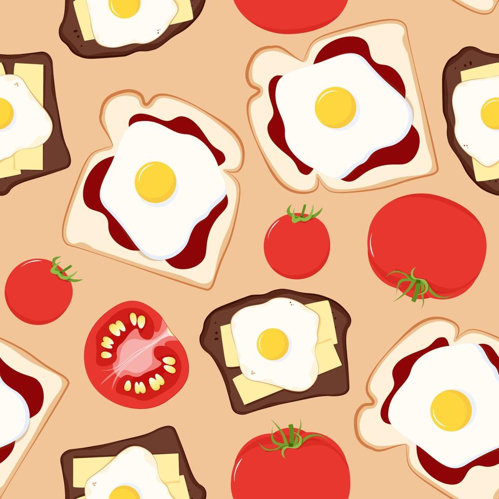 nahtlos Muster zum Frühstück Sandwich und gebraten Ei mit Tomate vektor