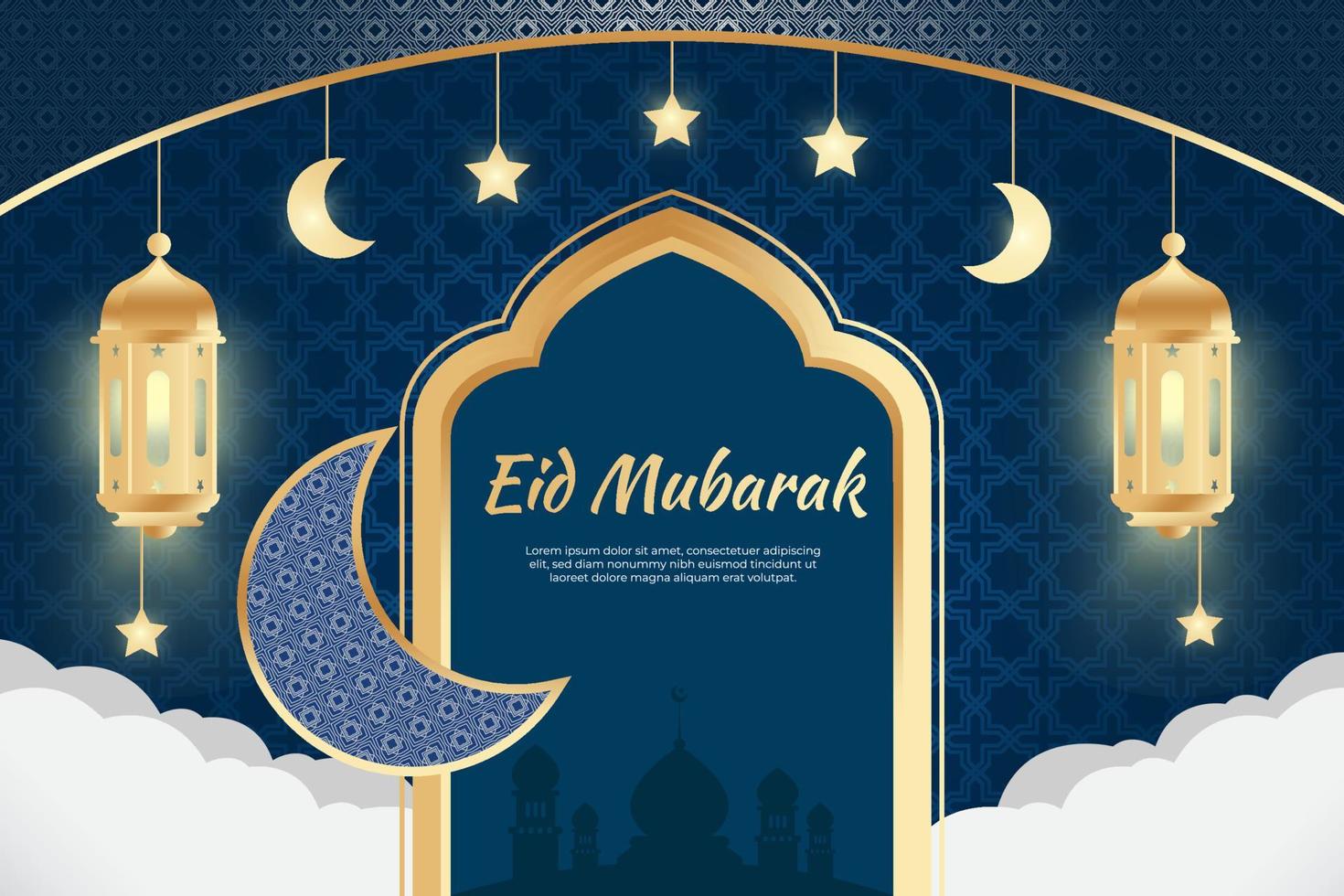realistisk eid mubarak ramadan horisontell affisch mall med lutning gyllene lykta vektor