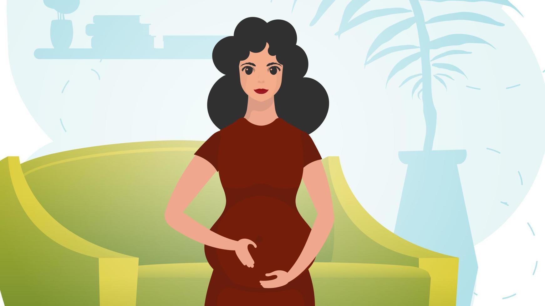 ein schwanger Frau hält ihr Bauch mit ihr Hände. natürlich Hintergrund mit Zimmer. sanft Farben. Vektor. vektor