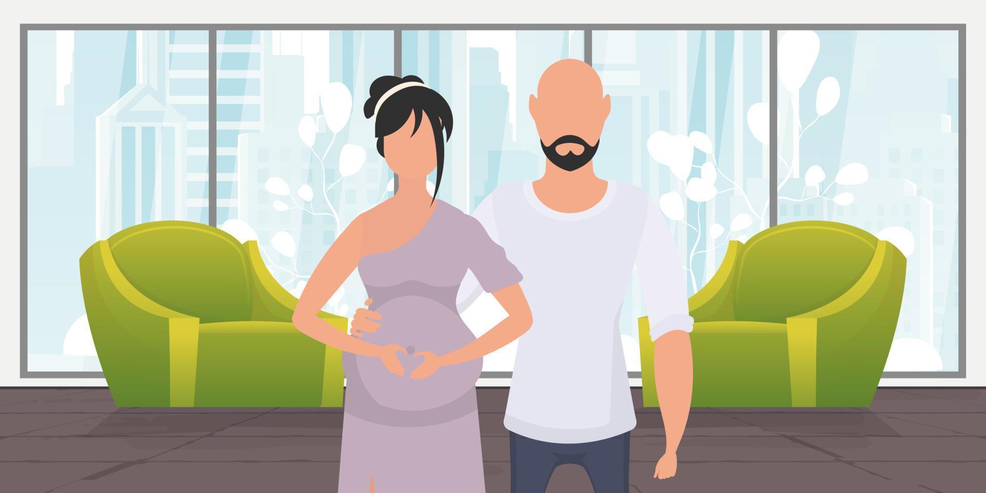 Mann und schwanger Frau. Poster auf das Thema jung Familie ist warten zum das Geburt von ein Kind. glücklich Schwangerschaft. Vektor im Karikatur Stil.