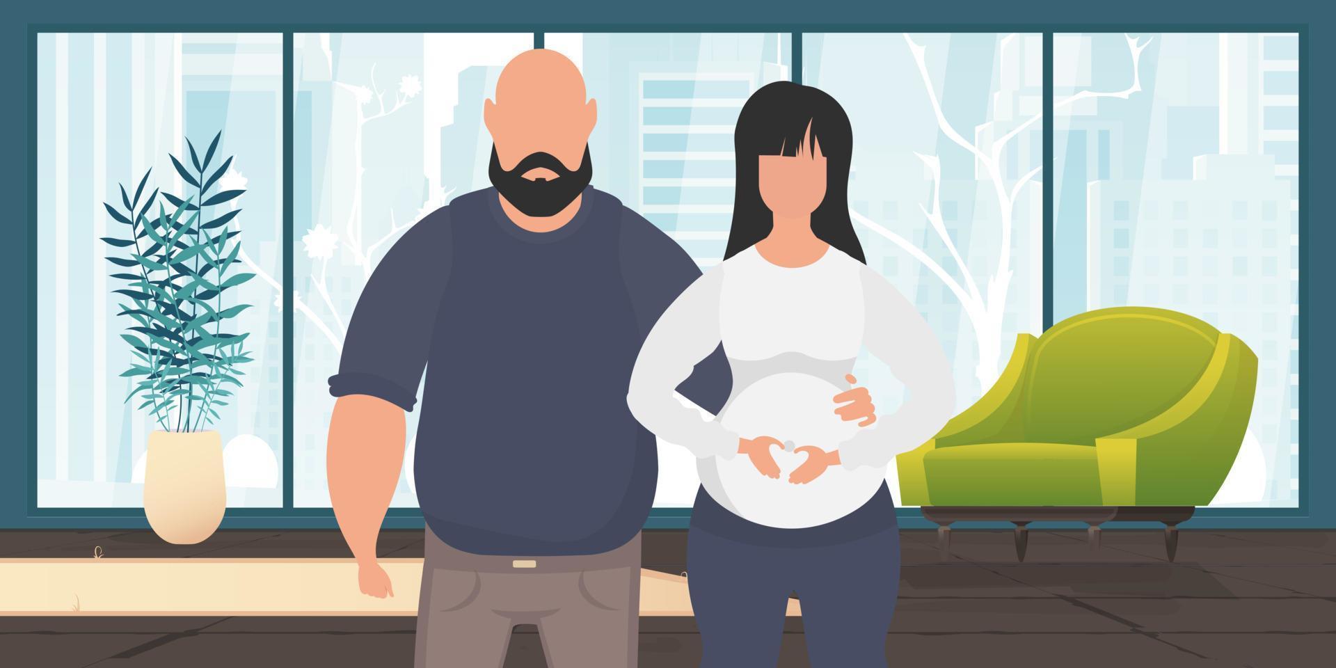 Mann und schwanger Frau. Poster auf das Thema jung Familie ist warten zum das Geburt von ein Kind. positiv und bewusst Schwangerschaft. süß Illustration im eben Stil. vektor